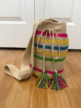 Handmade Crochet Bucket Bag with Multicolor Stripes and Tassels
